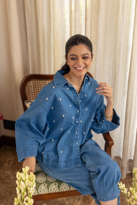 Light Blue Denim Boxy Shirt with Pearl Embellishment