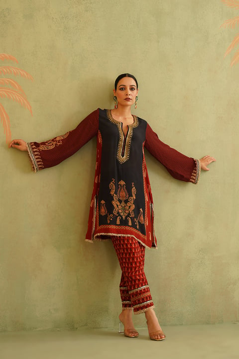 Red and Black Hand-Embroidered Crepe Co-ord Set