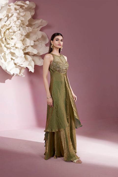 Olive Green Shimmer Tissue Halter-Neck Kurta Set with Palazzo