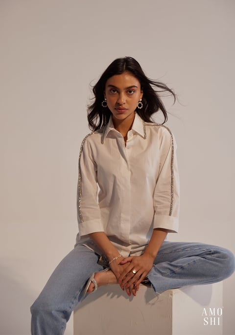 White Cotton Relaxed-Fit Shirt with Rhinestone Trim