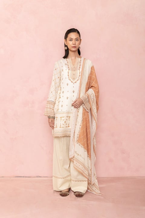 Beige Cotton Dobby Printed Straight Kurta Set with Dupatta