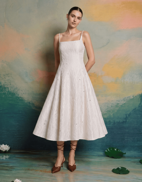 Ivory Embellished Jacquard Fit and Flare Midi Dress