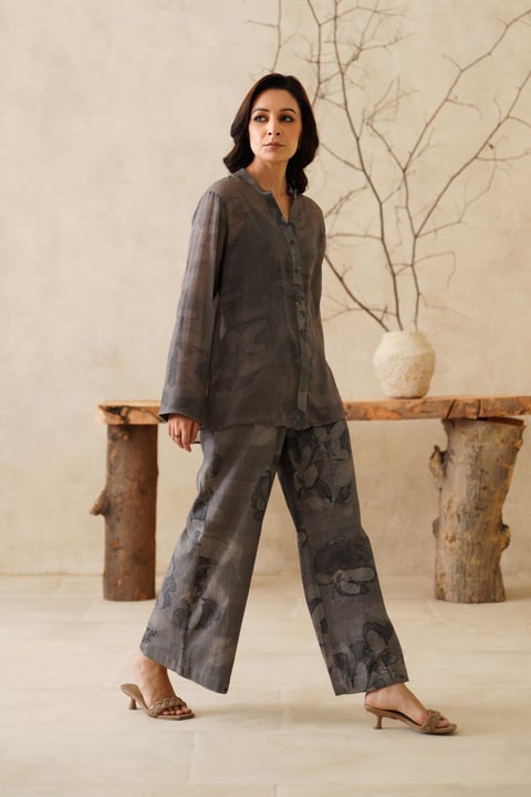 Grey Floral Printed Shirt and Wide-Leg Pants Co-ord Set