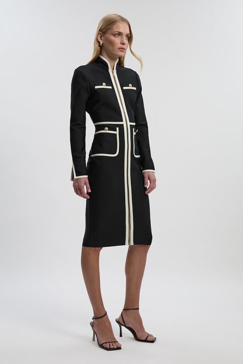 Figure Form Bandage Knit Piping Detail Military Dress