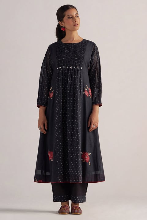 Black Bandhani and Flower Printed Mul-Chanderi Co-ord Set