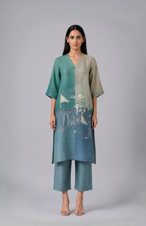 Teal Abstract Printed Kurta Set