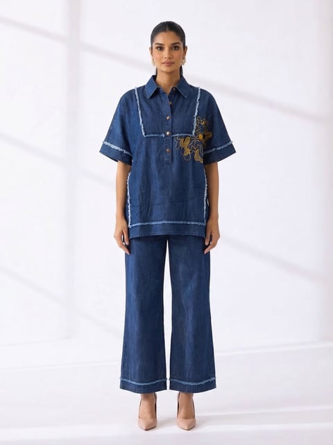 Blue Denim Oversized Shirt and Wide-Leg Pants Co-ord Set