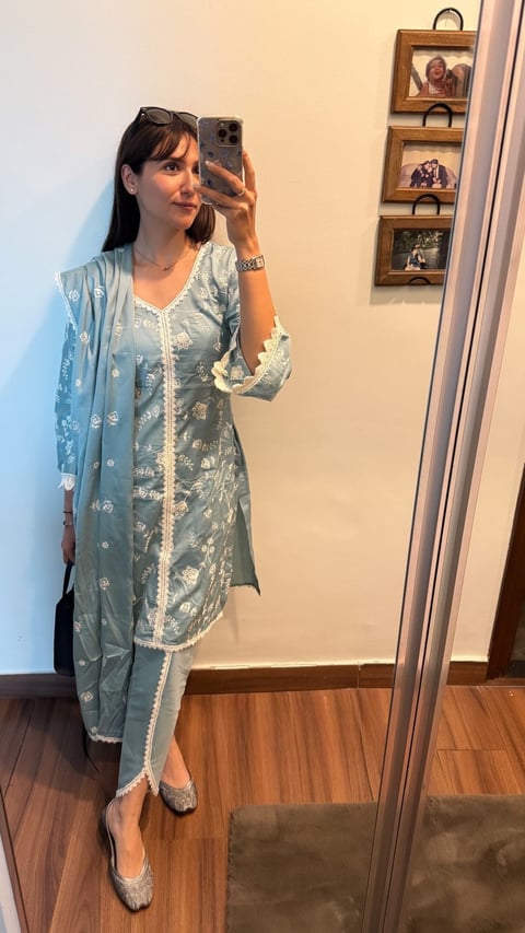 Blue Cotton Embroidered Kurta Set with Dupatta