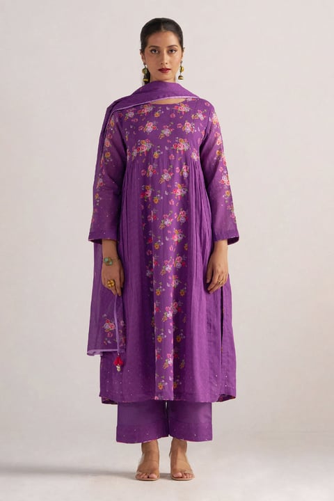 Purple Floral Printed A-Line Kurta Set with Dupatta