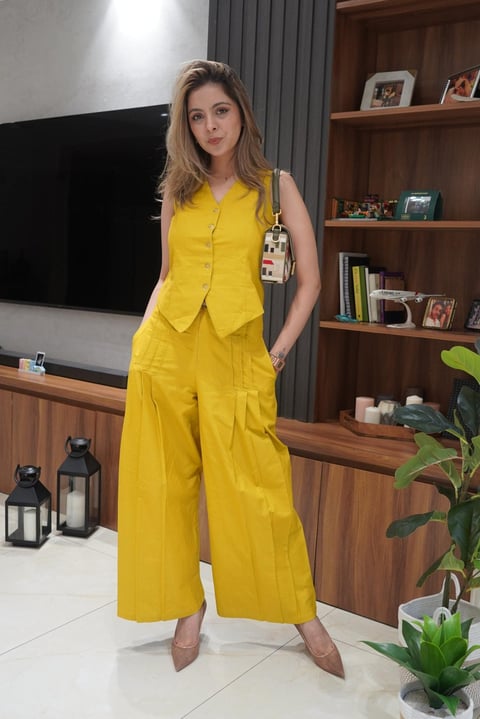 Mustard Waistcoat and Wide-Leg Pants Co-ord Set