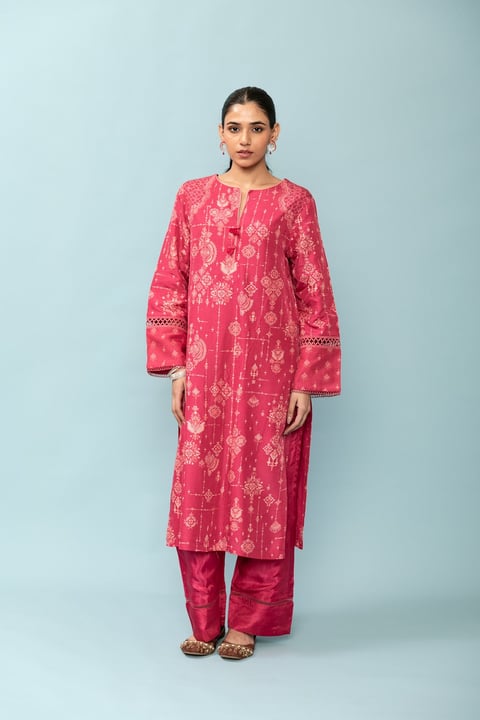 Pink Printed Straight Kurta Set with Dupatta