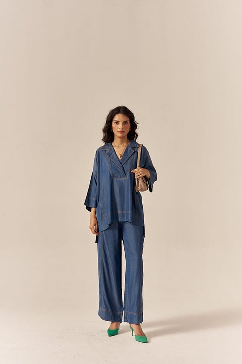 Blue Lapel Shirt and Flared Pants Co-ord Set