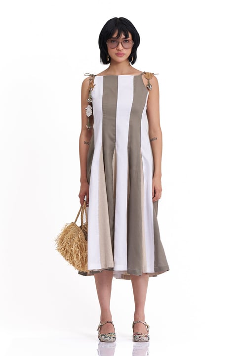Neutral Colorblock Cotton Linen A-Line Midi Dress