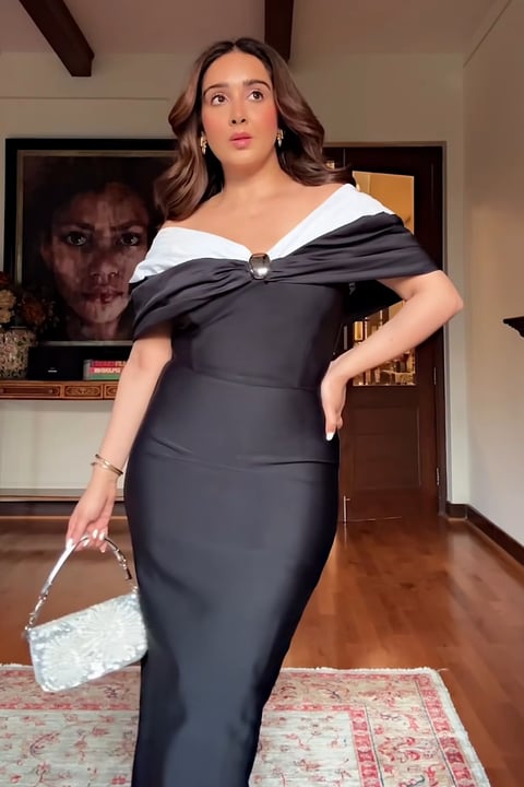 Mono Bardot Contrast Neckline Midi Dress