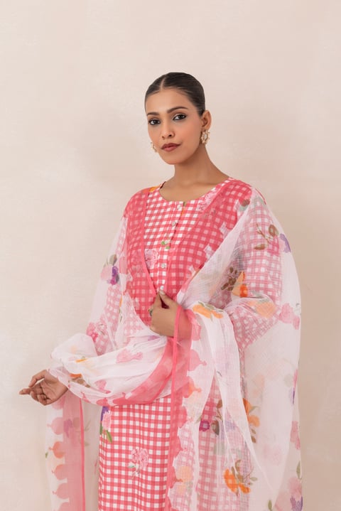 Cotton Ghingham Check with Floral Buta Kurta Set