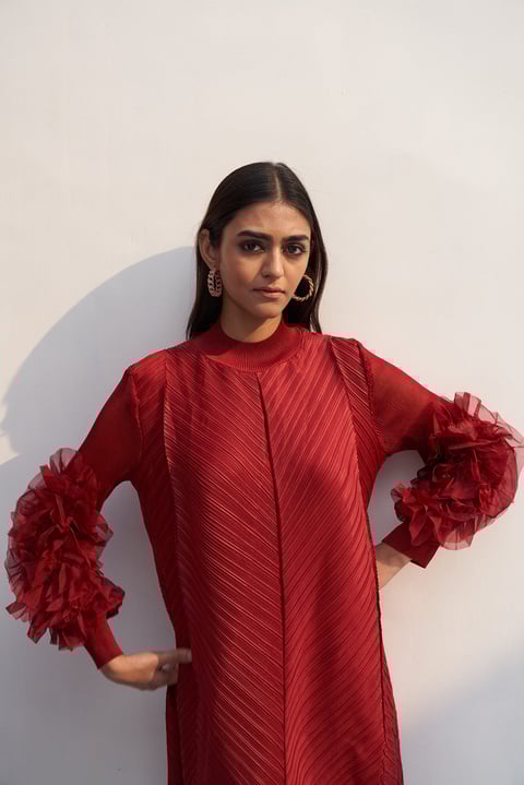 Flower Sleeves Pleat Dress