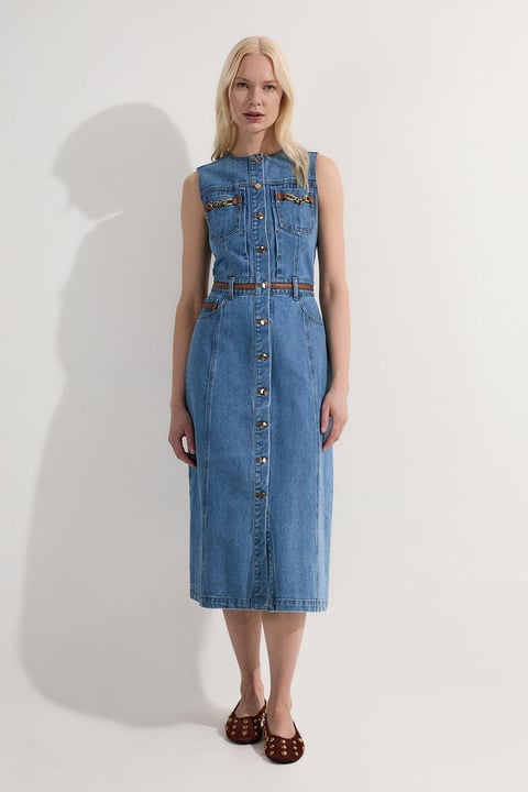 Denim & Faux Leather Tipping Sleeveless Midi Dress