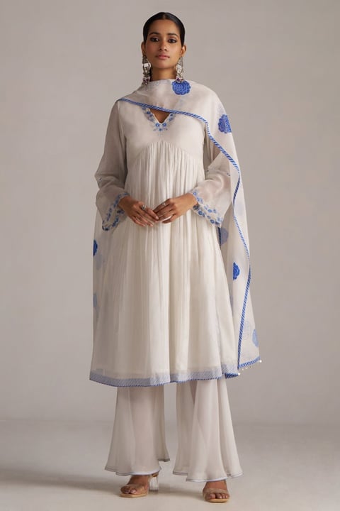 Marshmellow and Cobalt Blue A-Line Chanderi Kurta Set