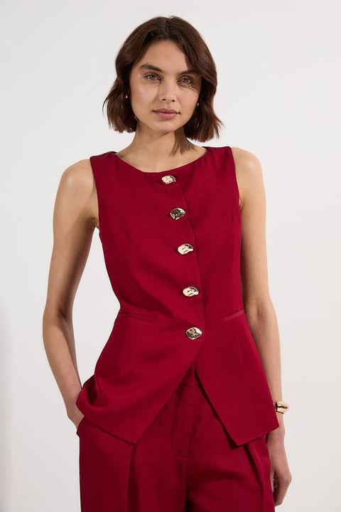 Linen Viscose Tailored Statement Button Front Waistcoat