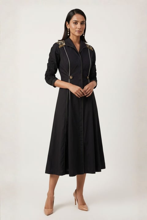 Black Cotton Fit and Flare Button-Down Midi Dress