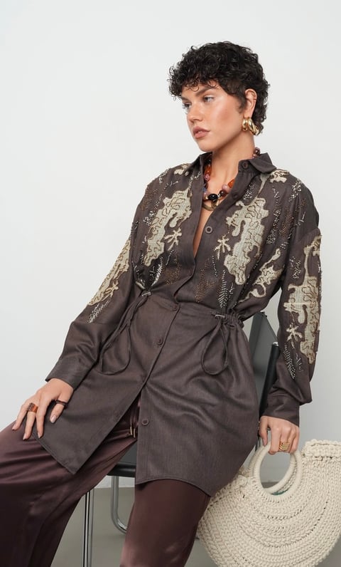 Embellished Brown Shirt Dress With A Drawstring Waist