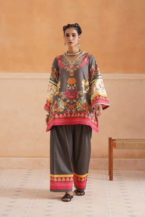 Charcoal Floral Printed Cotton Kurta Set with Dupatta