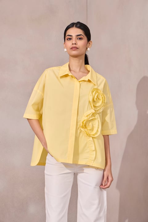 Lemon Sorbet Boxy Cotton Poplin Shirt with 3D Florals