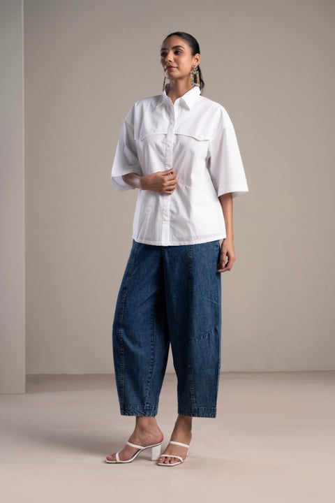 Blue and White Shirt and Denim Barrel Pants Co-ord Set