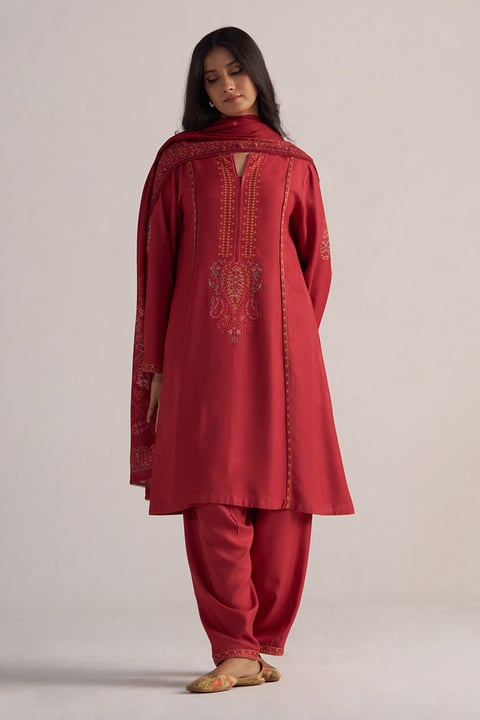 Jester Red Pashmina Kurta Set
