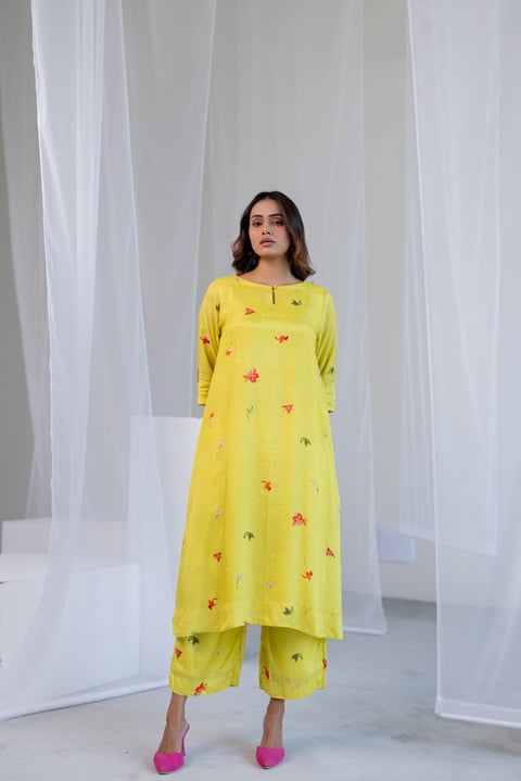 Lime Green Silk Voile Floral Printed Kurta Set with Pants