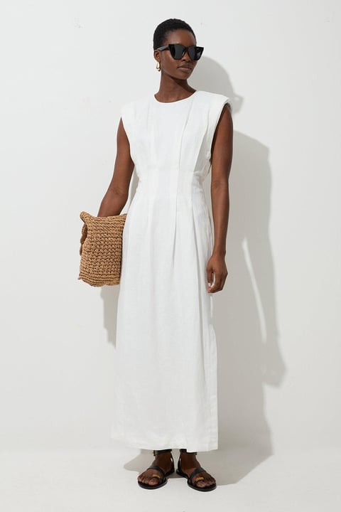 White Linen Blend Structured Shoulder Maxi Dress