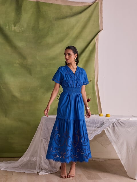 Cobalt Blue Cotton Midi Dress with Cutwork Embroidery
