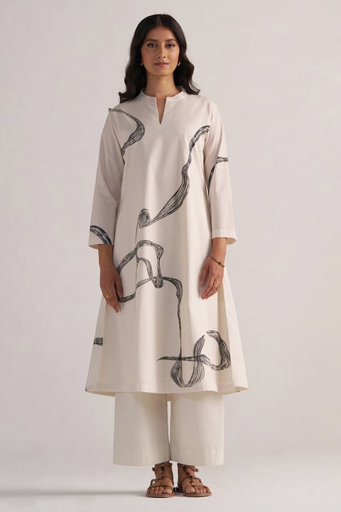 Cream Black Cotton Print Co-ord Set