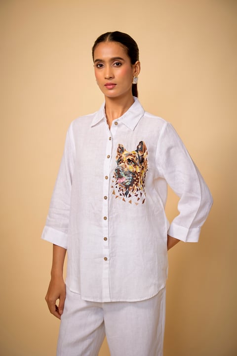 White Linen Relaxed-Fit Shirt with Chest Graphic