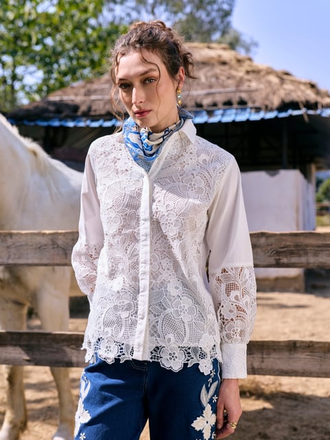 White Lace Button-Down Shirt with Full Sleeves