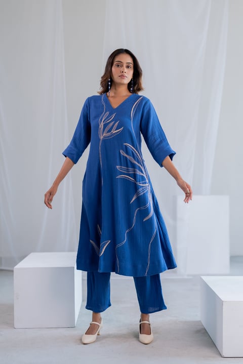 Cobalt Ecru Foliage Kurta Co-Ord