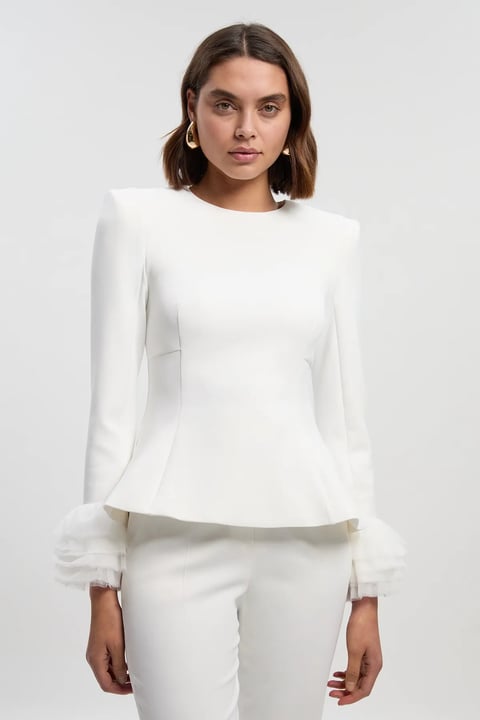 Scuba Drama Tulle Detail Cuff Woven Peplum Top