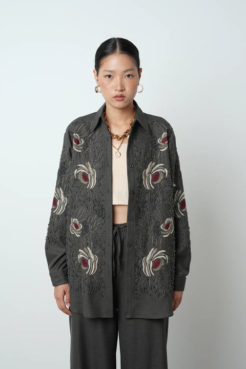 Embellished Grey Shirt With Intricate Floral Beadwork