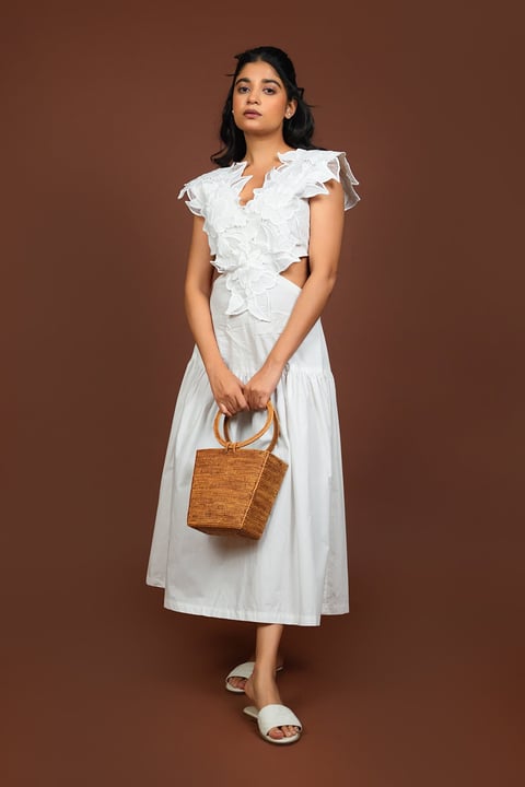 White Cotton Lace Bodice Fit and Flare Midi Dress