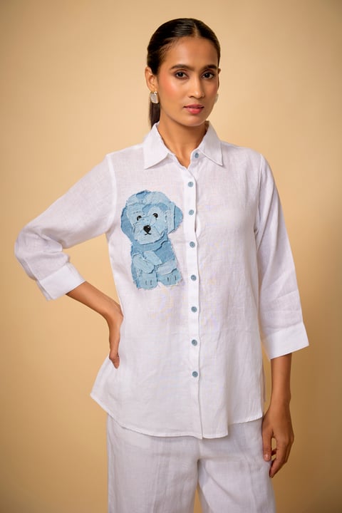 Pure Linen White Shirt With Denim Dog Applique