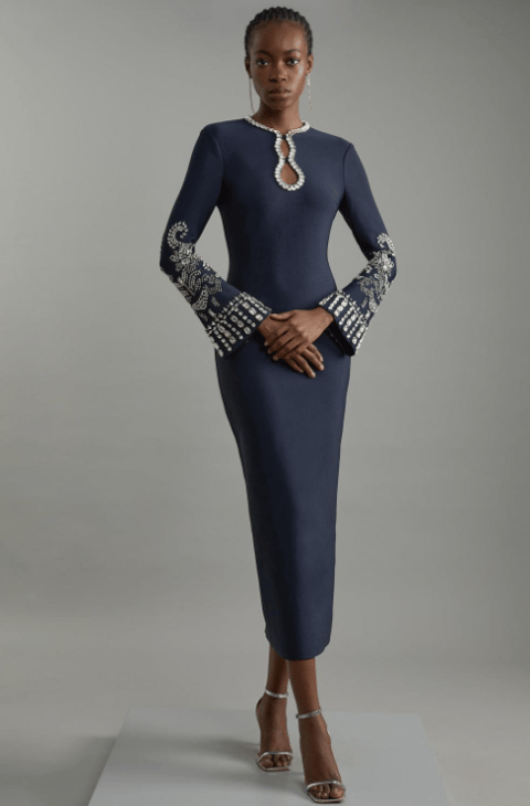 Figure Form Bandage Knit Embellished Wide Sleeve Maxi Dress