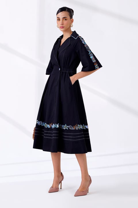 Black Cotton Satin Wrap Trench Midi Dress