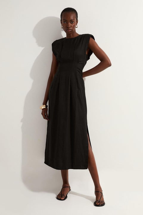 Black Viscose Linen Pintuck Midi Dress