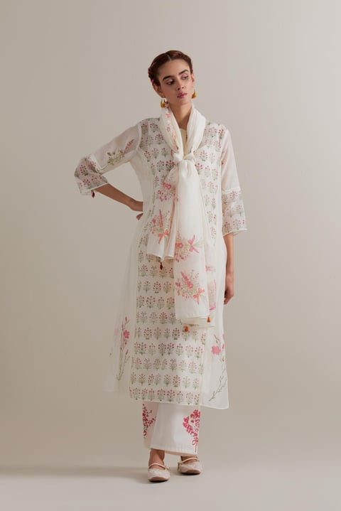 Off-White Floral Block Print Kurta Set with Dupatta