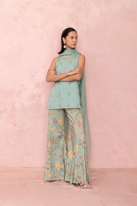 Sky Blue Floral Cotton Kurta Set with Flared Pants