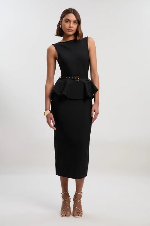 Black Sleeveless Peplum Belted Midi Dress