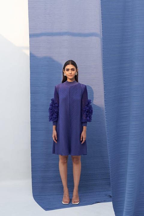 Blue Pleated A-Line Dress with 3D Floral Sleeves