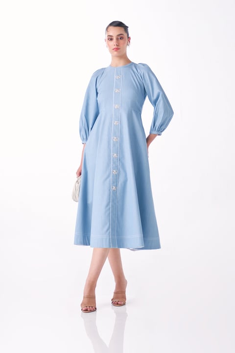 Aqua Denim Fit and Flare Midi Dress with Embroidered Placket