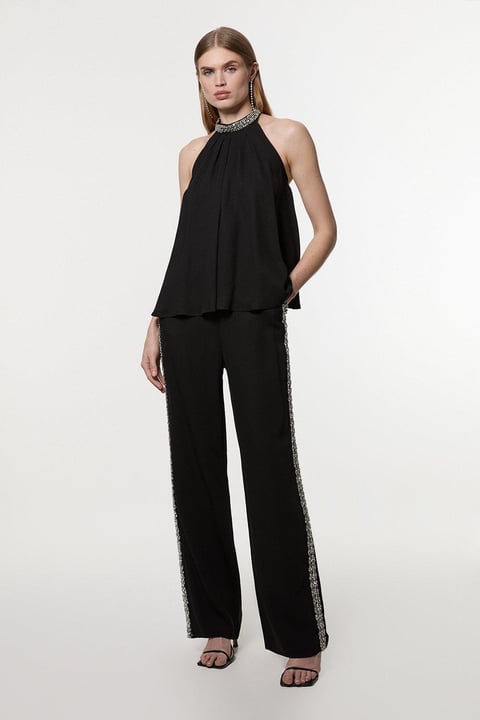 Black Embellished Halter Neck Tie-Back Blouse