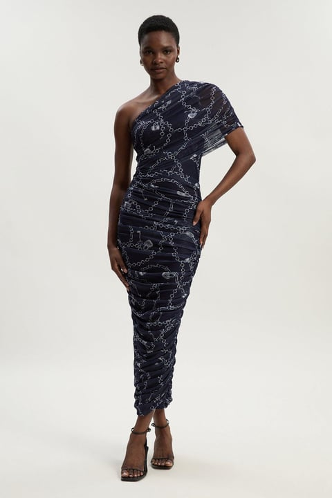 Chain Print Mesh One Shoulder Midi Dress